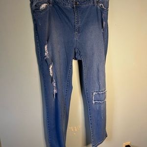Distressed and patched as fashion by denim 24/7.